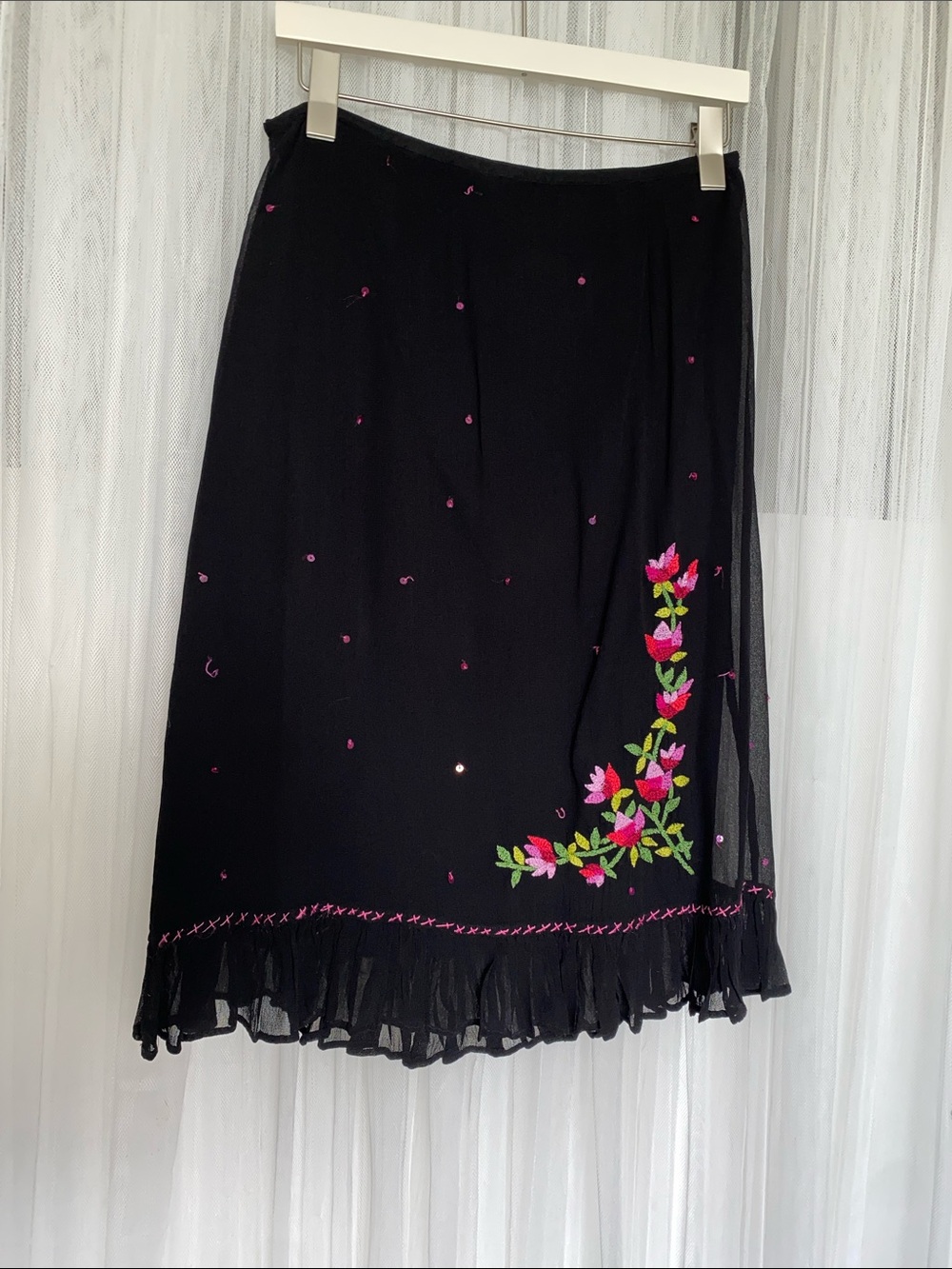 Vtg 90’sApril Cornell Black Midi Skirt with Pink & Green Floral Embroidery S